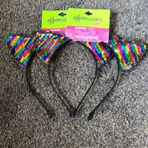 Cat Ear Black Headband W/ Rainbow Sequin
